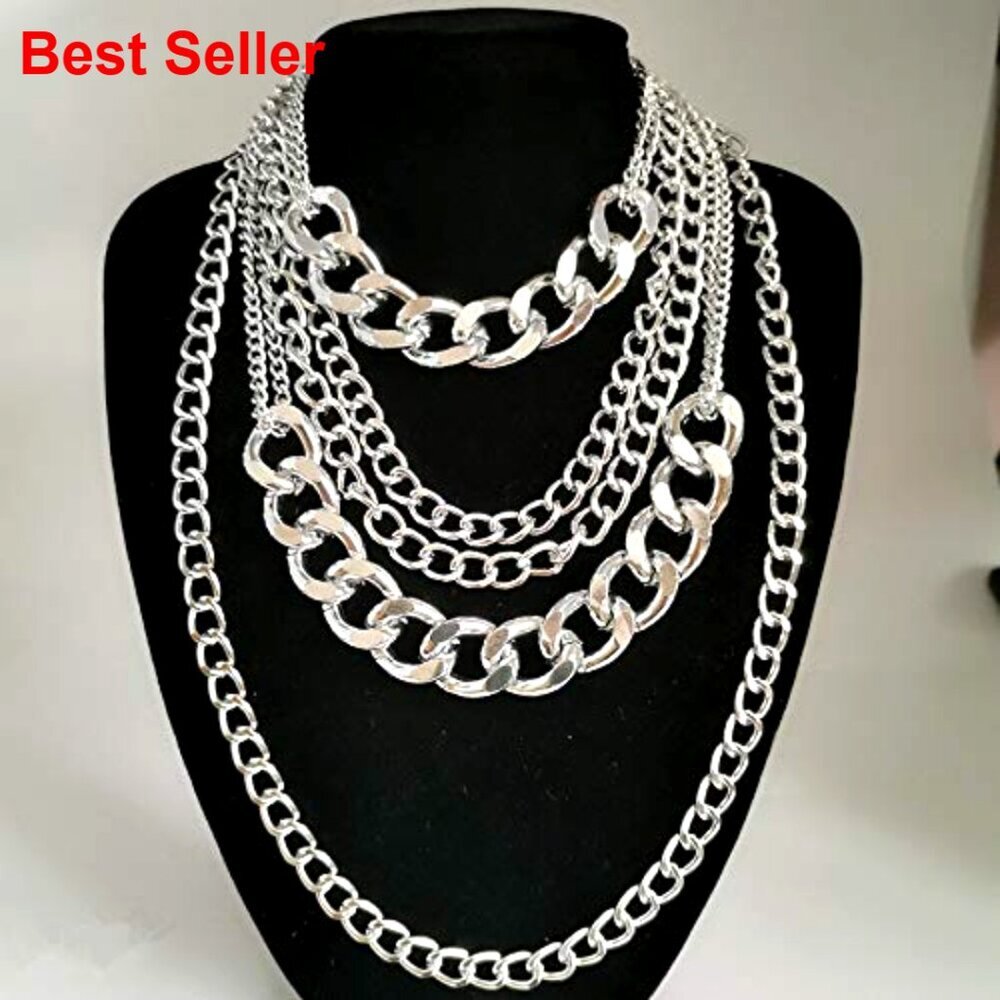 Chunky Silver Layered Chain Necklace, Link Design, Punk 80s Hip Hop Statement - Picture 6 of 6